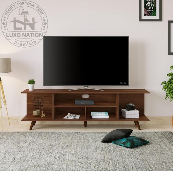 Designer TV Stand with Multi-Shelf Storage – Brown Maple Look